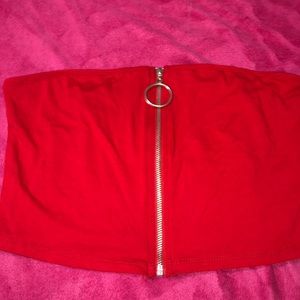 red strapless crop top